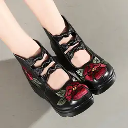 Для женщин цветок andals обувь склон повседневная кожаная обувь модные вышитые Дамы Винтаж водонепроницаемая обувь на платформе 301LX