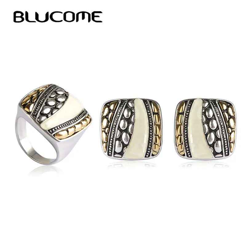 

Blucome Latest Dubai Jewelry Sets Bijuterias Max Brincos Big Ring Anel Anillos Shell Square French Hooks Earrings Bijoux Woman