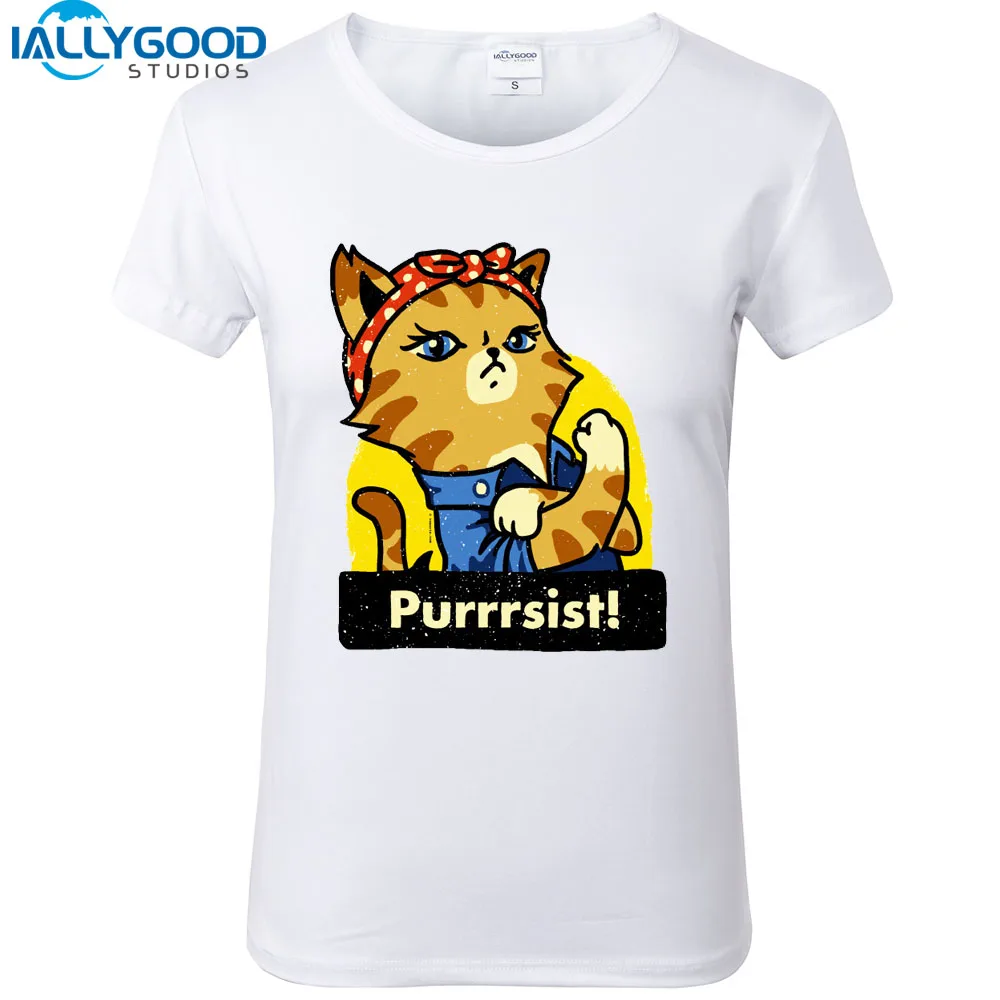 

New Summer Funny Purrrsist Print Cats T-shirts Women Short Sleeve O neck Cotton White T-shirts Slim Casual Tops S1053