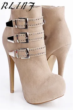 

RLINF Women's Booties Spring and Autumn Thin Ankle Boots Metal Buckle Square High Heel Ankle Boot Motorcycle