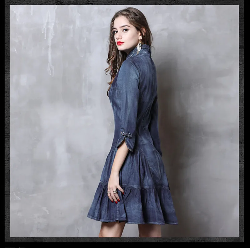 Women Denim Dress 2019 Vintage 100% Cotton Dress 34Sleeve Brand New A-line Elegant Mandarin Collar Vestidos Woman Dresses (15)