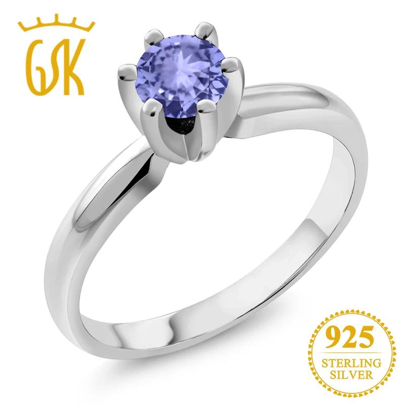 

GemStoneKing 0.46 Ct Round Cut Natural Blue Tanzanite Engagement Wedding Bands 925 Sterling Silver Solitaire Ring For Women