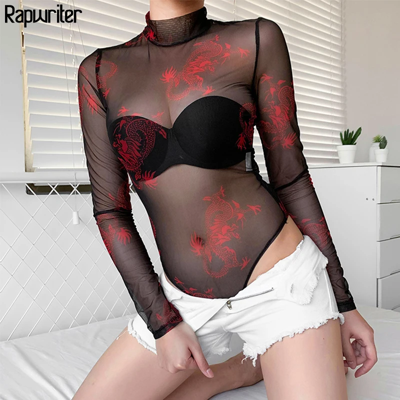 

Rawpriter Sexy Transparent Mesh Dragon Bodysuit Women 2019 Summer Turtleneck Long Thumb Sleeve See Through Open Crotch Bodysuit