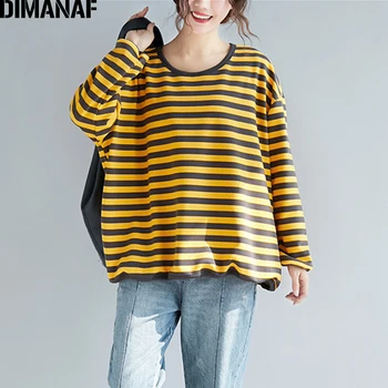 

DIMANAF Women Winter Plus Size Sweatshirts Female Pullovers Basic Tops Shirt Knitted Cotton Loose Print Striped Yellow Clothes