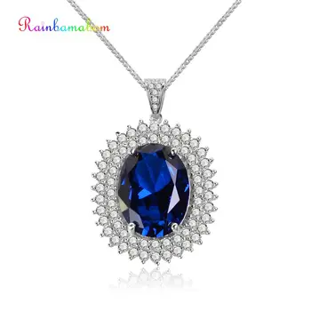 

Rainbamabom Vintage Real 925 Solid Sterling Silver Oval Blue Sapphire Pendant Necklace Cocktail Jewelry Women Gift Wholesale