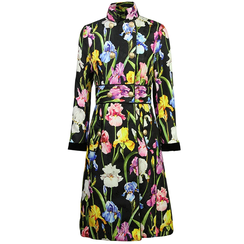 2018 Winter Fashion Floral Print Long Trench Coat High Quality Hot Full