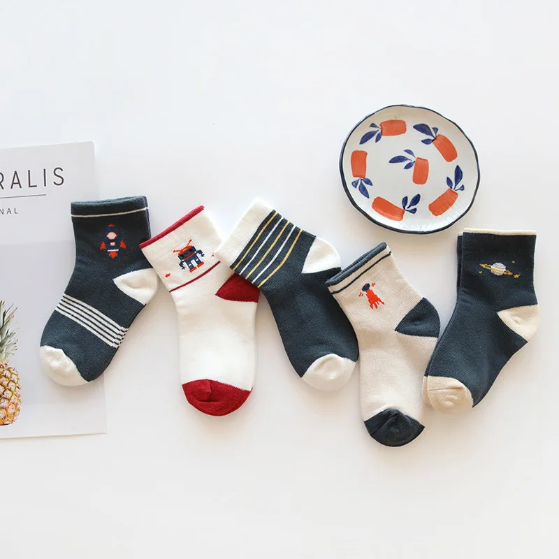 

5 Pairs Rocket Baby Socks Spring and Autumn High Quality Cartoon Children's Socks Unisex All Combed Cotton Newborn Socks