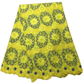 

Yellow and royal blue color pattern hollow out design with stones cotton dress fabric PS152 good quality Swiss Voile Lace Fabric