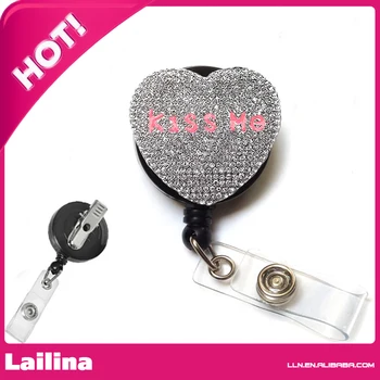 

Rhinestone Retractable Badge Reel/ ID Badge Holder / Brooch / Pendant / Id Badge Holder (Clear Rhinestone Heart Shape 'kiss me')