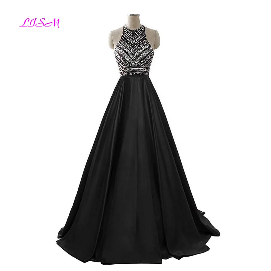 Royal Blue Crystals Prom Dresses 2020 A-Line Sleeveless Party Dress with Pockets O-Neck Beading Satin Long Formal Evening Gowns
