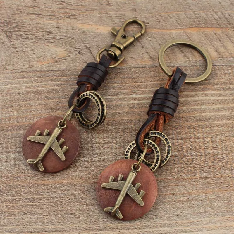 

New Vintage Key chain Handmade Leather Keychain Round Wood Bronze Airplane Pendant Creative Car Key Ring