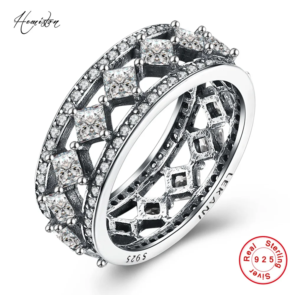 

Hemiston 925 Sterling Silver Vintage Blackened Lattice Clear CZ Finger Rings, Bijoux Rings for Women TS