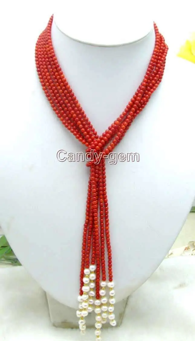 

Hot sale Free Shipping>>>>>SALE Long 45" Natural 3 Strands Red round Coral & White Pearl Necklace-nec