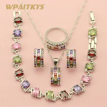 Square Multicolor Cubic Zirconia Silver Jewelry Sets For Women Earring Pendant Necklace Ring Bracelet Free Jewelry Box WPAITKYS wpaitkys red 7