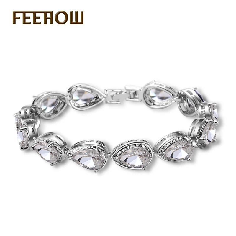 

FEEHOW Gold Color Water Drop & Pear Shape Cubic Zirconia Crystal Bracelets Bangles for Women's Best Gift Bridal Jewelry FWBP055