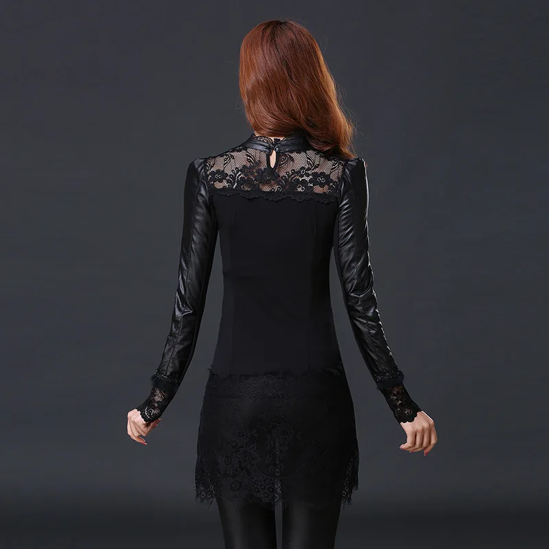 Кожаные Рубашки женские длинные кружевные цветочные блузки женские черные длинные рубашки новые женские топы с длинным рукавом тонкие женские блузы 4XL