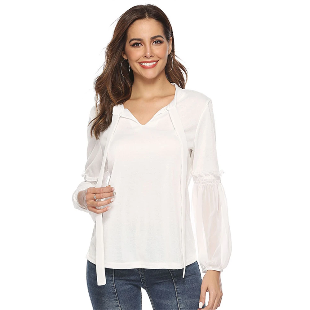 

Louyebouho Women Sweet White V Neck Shirt Casual Slim Long Sleeve Office Top Lace up Bowknot Blouses Leisure Tops Blusas Shirts