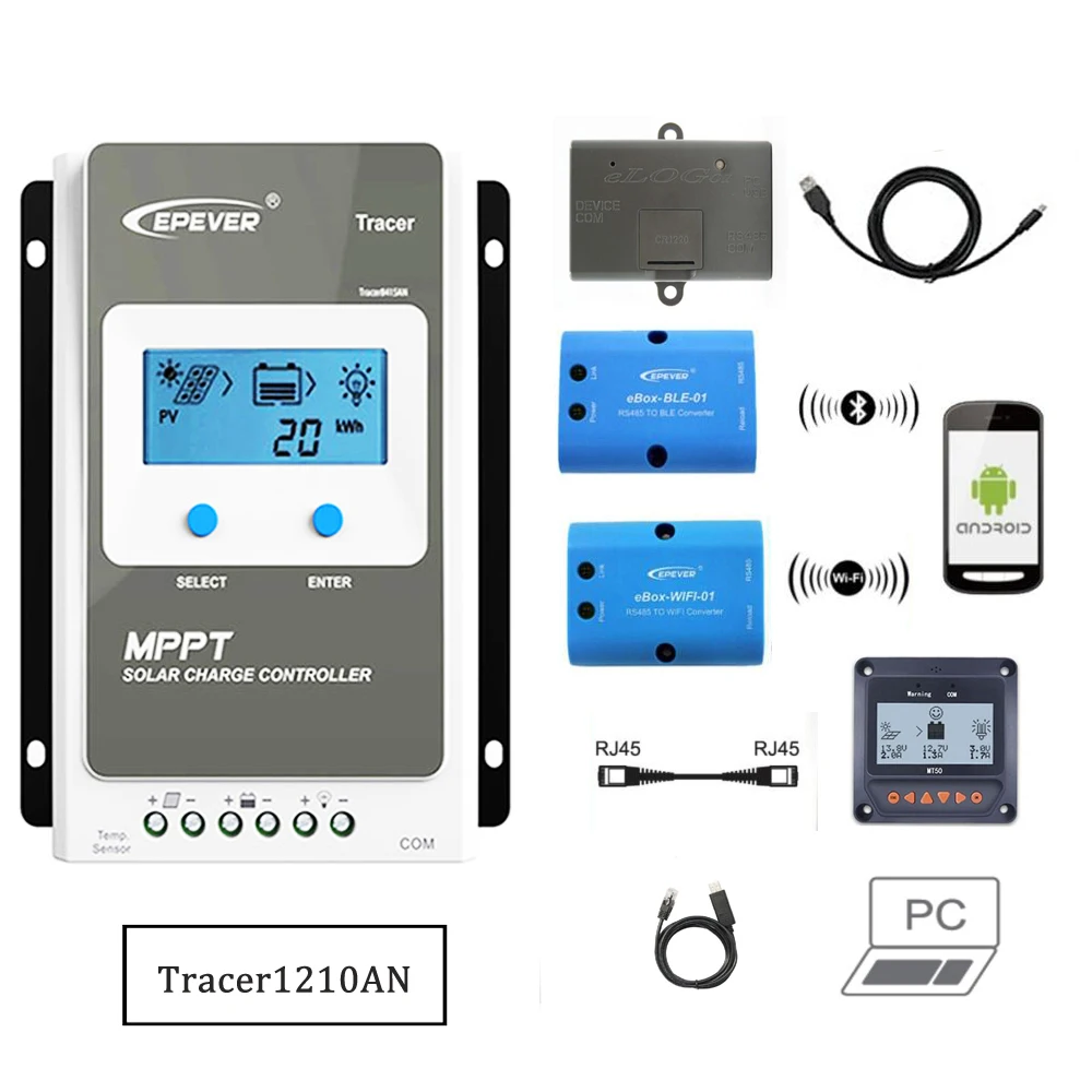 Tracer1210AN 10A MPPT Контроллер заряда солнечной батареи 1210AN 1210A MT50 eBox-WIFI-01 Bluetooth eLog01