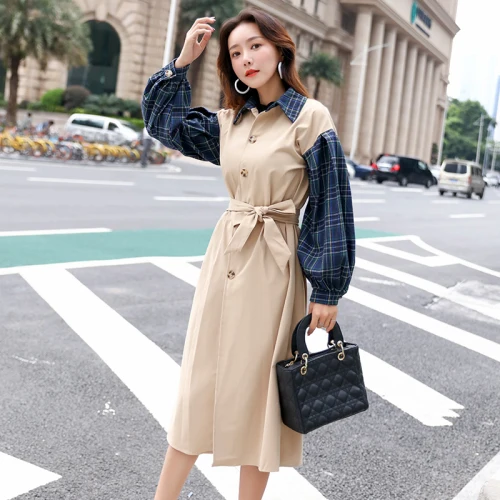 Plaid Taille Manteau Femmes De rouge Plus Long Mince Bleu Coréenne Patchwork Lâche Vintage Tranchée La 2018 Automne Mode tQBsdCrhx