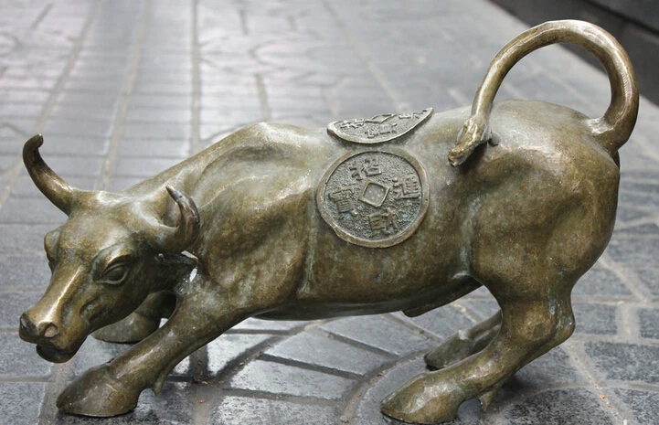 

JP S61 16"Chinese Bronze Rich Zodiac Year Bull Oxen Wealth Coin Zhao Cai Jin Bao Statue B0403