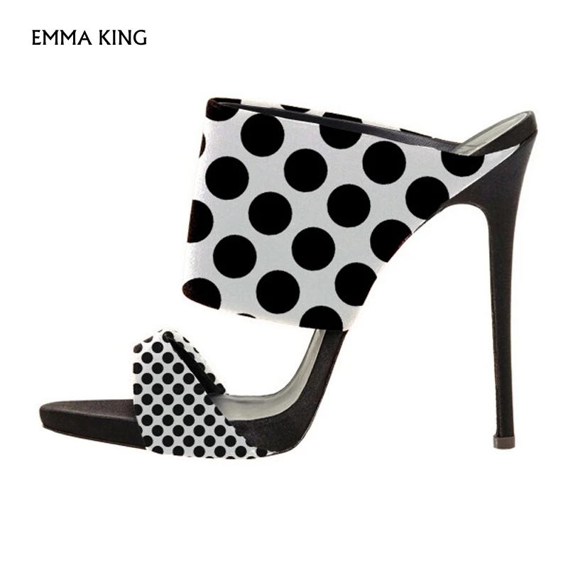 

EMMA KING Summer Fashion Sandals Women Black and White Stiletto Heels Mule Polka Dots Slippers Dress Zapatos De Mujer Plus Size
