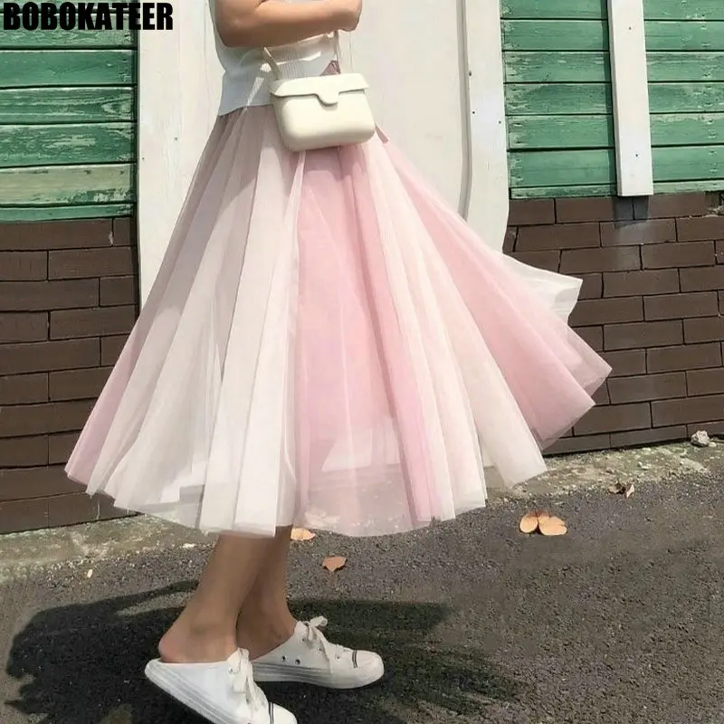 BOBOKATEER модная женская юбка из тюля сексуальные юбки женские s повседневные Летние Kawaii розовые миди юбки-пачки Faldas Jupe Femme Rokken 2019