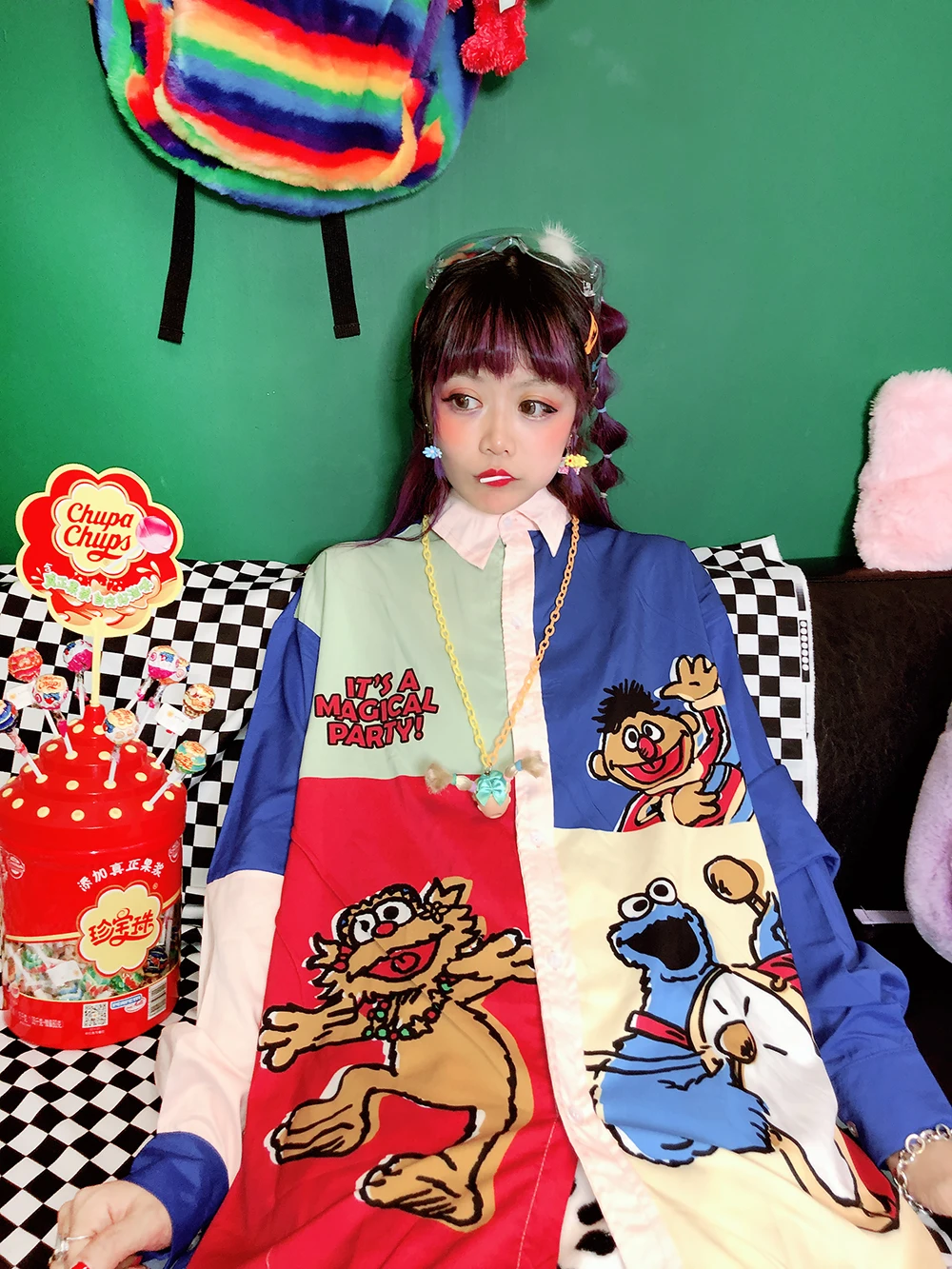 Harajuku стиль Childlike мультфильм цвет с длинным рукавом Тонкая карта рубашка рубашки для женщин