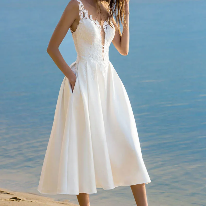 

Summer White V Neck Spaghetti Strap Dress Women Laces Embroidery Waist Collection Floral Dress Middle-waisted Princess Dress