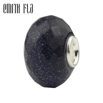 

Faceted Blue Stone Beads Natural Stone Authentic 925 Sterling Silver Fit European Charm Bracelets Round Beads For Jewelry Making