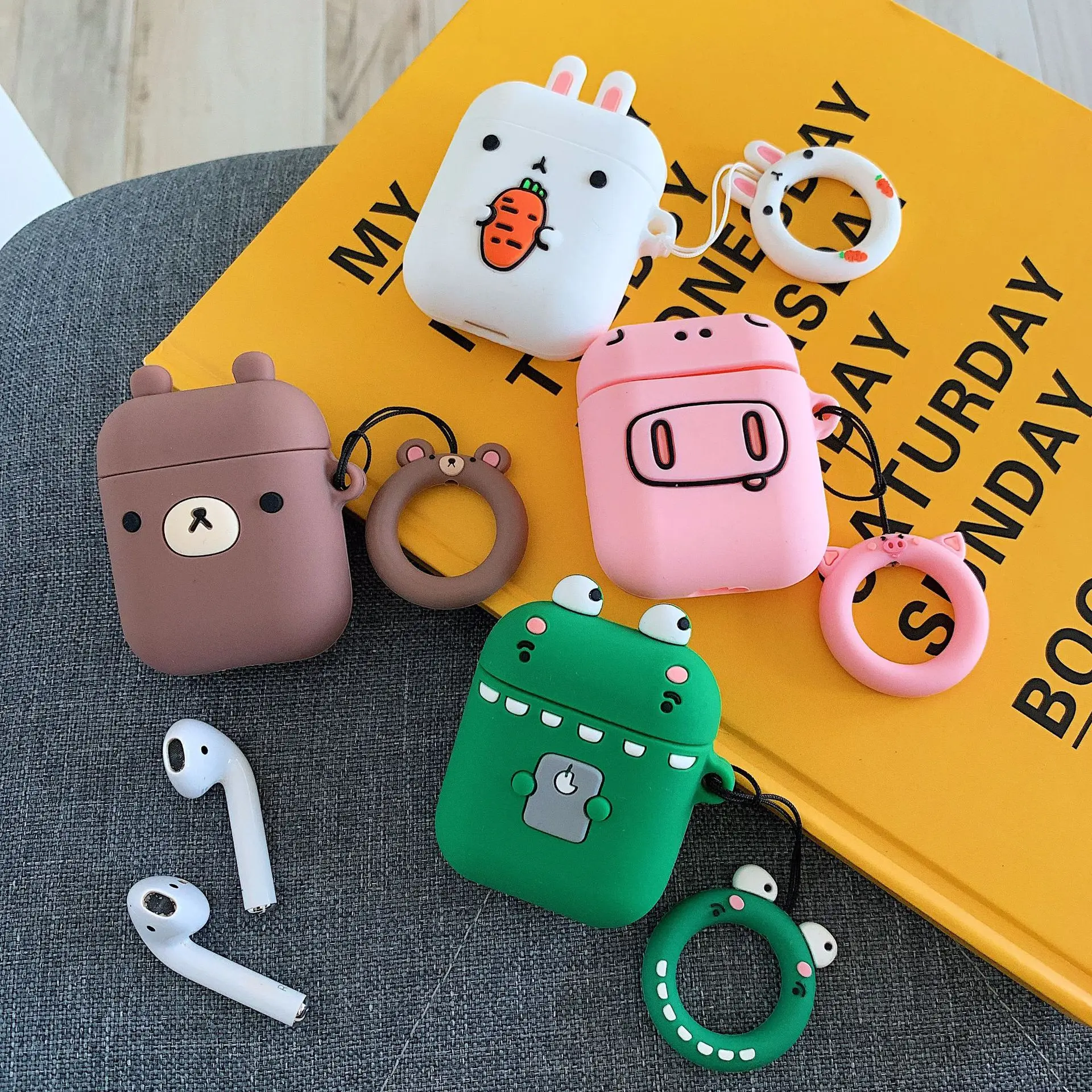 

For AirPods 1 2 Case 3D Cute Cartoon Rabbit Crocodile Soft Silicone Finger Ring Strap Cover Bluetooth Wireless Earphone Box Bags
