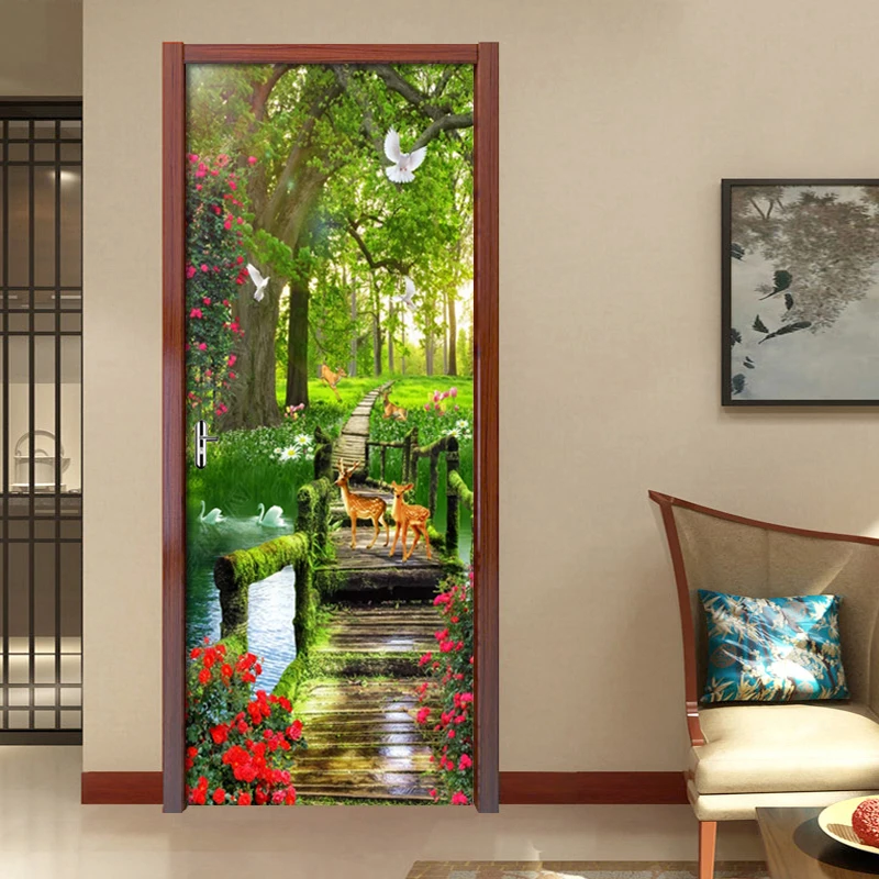 Green Forest Scenery PVC Waterproof Self-Adhesive Door Sticker Wallpaper For Living Room Bedroom Door Decals Mural Wall Sticker