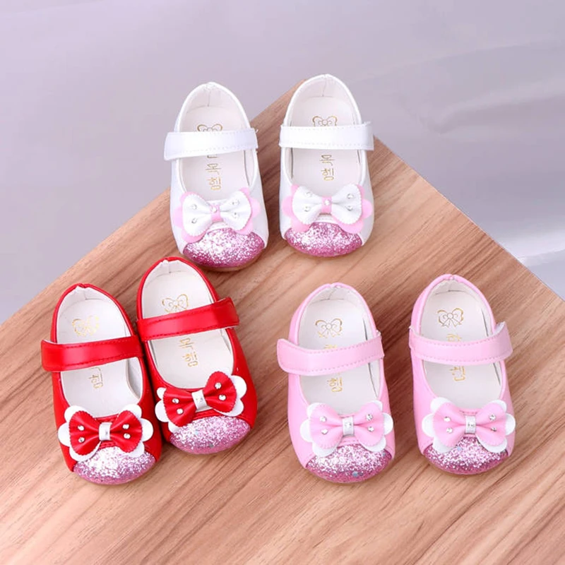 Кожаная обувь принцессы с блестками для новорожденных девочек; цвет белый, розовый; обувь с бантом для свадьбы и вечеринки; Новинка для детей 0, 1, 2, 3 лет