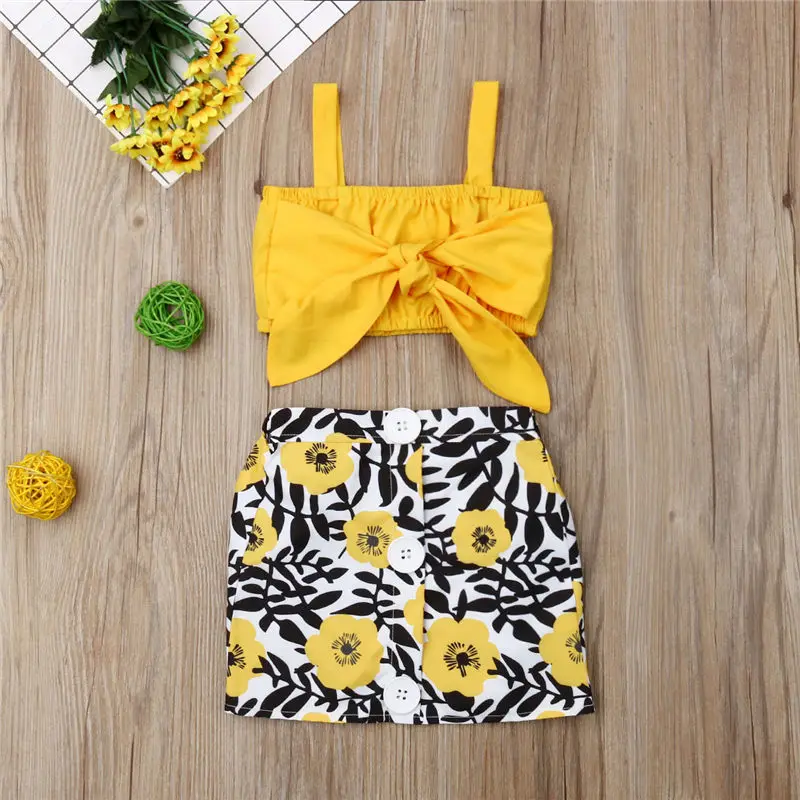 Комплект детской одежды, одежда для маленьких девочек летний желтый топ на бретелях с узлом+ юбка с цветочным принтом От 6 месяцев до 4 лет, комплект детской одежды из 2 предметов