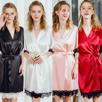 

Autumn New Women Sexy Satin Fashion Lace Patchwork Pajamas Sleepwear Robe Long Sleeve Wholesale Free Ship халат Z4