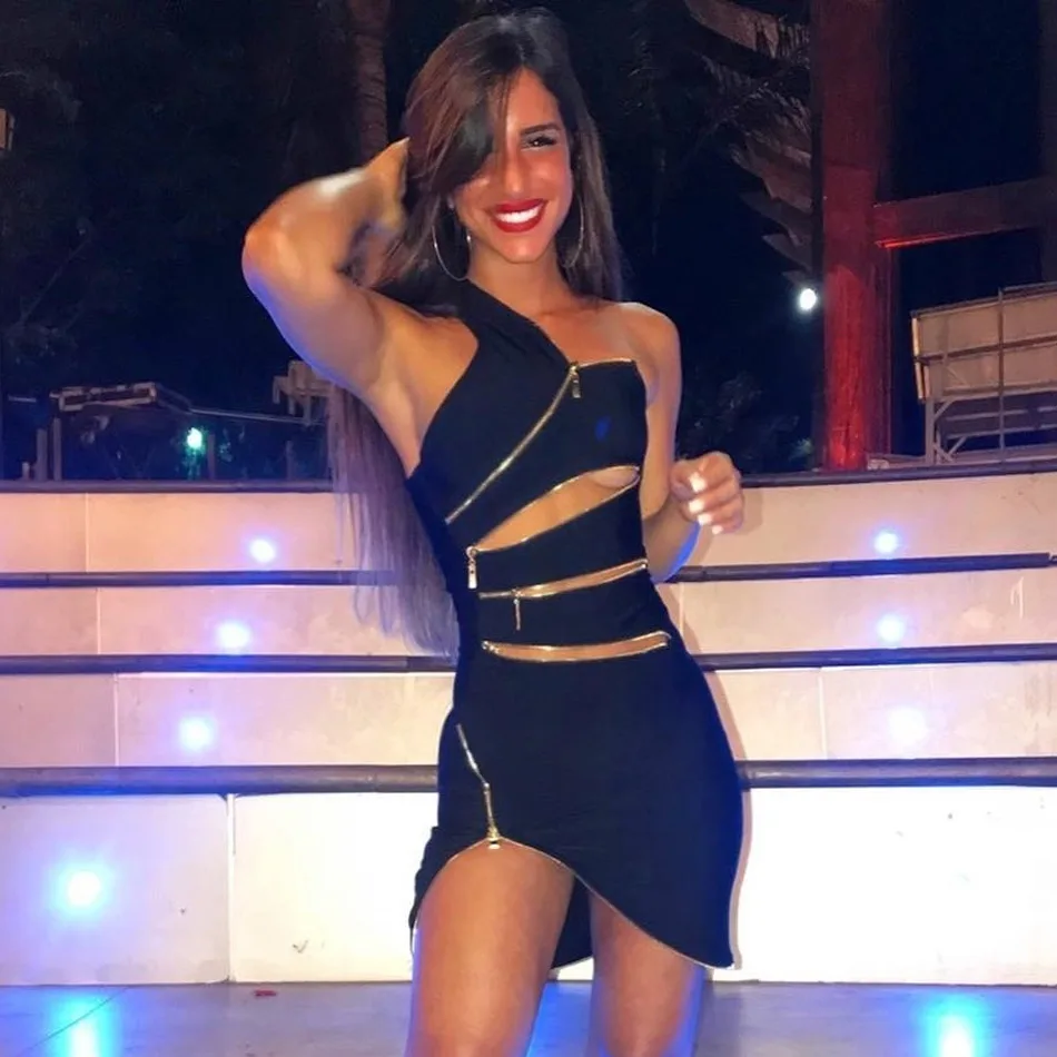 

Changeful One Shoulder Asymmetrical Hem Cold Shoulder Cut Out Bandage Mini Club Sexy Sheath Dress