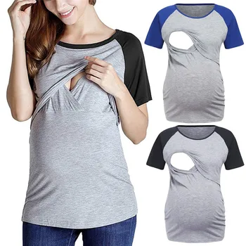 

Women Maternity Short Sleeve Splicing Color Tops Pregnancy Nursing Baby Blouse pregnant vestidos pregnancy breastfeeding D4