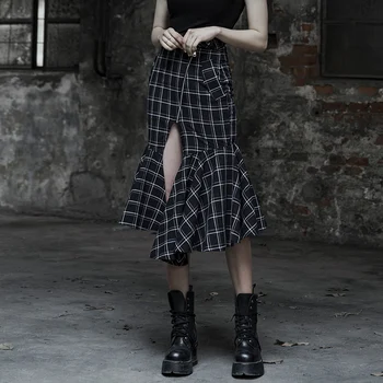 

PUNK RAVE Women Punk Plaid Casual Skirt Fashion Trumpet Min-calf Hight Waist Gothic Skirts