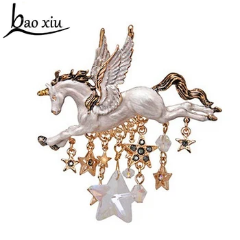 

New brand design Gold Alloy crystal gems stars Drops Oil Pegasus Unicorn Tassel Accessories vintage Brooch for women