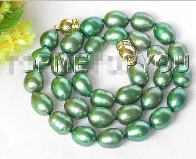 

Free shipping hot sale Women Bridal Wedding Jewelry >>17" 12mm rice green freshwater pearls necklace magnet clasp E13