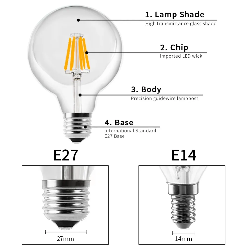 Светодиодный лампочка накаливания E27 E14, винтажная лампа Эдисона 220 В, 110 В, ретро светильник в виде свечи, глобус, ампула, светильник ing COB, домашний декор с регулируемой яркостью