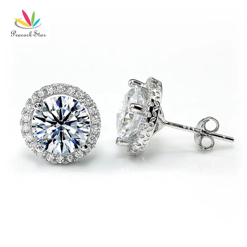 Pea Star Halo Stud Earrings Solid 925 Sterling Silver 4 Carat Pea Star Halo Stud Earrings Solid 925 Sterling Silver 4 Carat Round Cut Bridal Bridesmaid Jewelry
