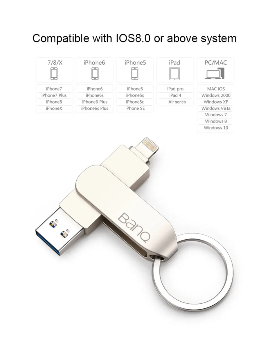 USB флеш-накопитель BanQ A50, 32 ГБ, 64 ГБ, для iPhone 8, 7 Plus, молния, металлическая ручка, u-диск для MFi iOS10, карта памяти 128 ГБ