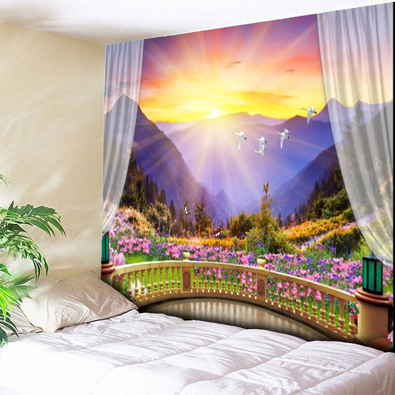 

Natural Forest Tapestry Purple Mountain Valley Tapestry Decorative Polyester Fabric Wall Hanging 130*150cm Yoga Mat Picnic Pad