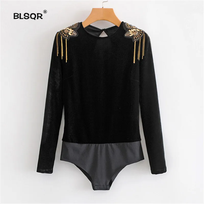 النساء الأسود المخملية داخلية سلاسل فو الماس عودة قطع طويل كم Playsuits الإناث خمر قمم Blusas النساء الأسود المخملية داخلية سلاسل فو الماس عودة قطع طويل كم Playsuits الإناث خمر قمم Blusas