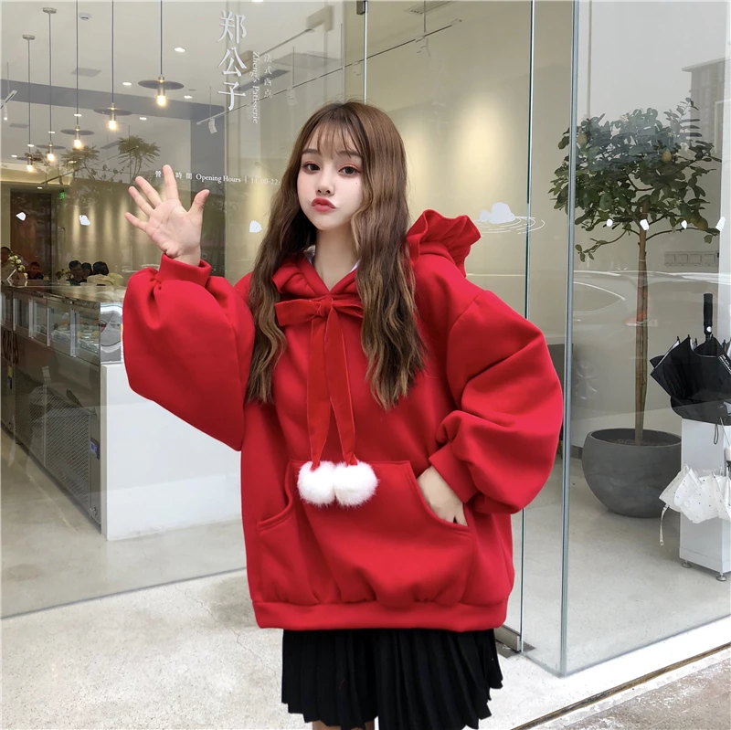 Рождество корейский стиль Женская одежда kawaii с длинным рукавом негабаритных толстовка милый розовый свитер Осенние теплые толстовки для женщин
