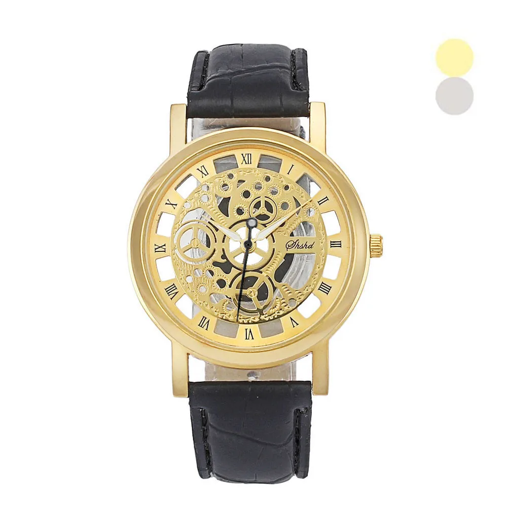 

Men Fashion Hollow Out Luxury Mens Watch PU Leather Buckle Round Clock Quartz Wrist Watches relojes para hombre
