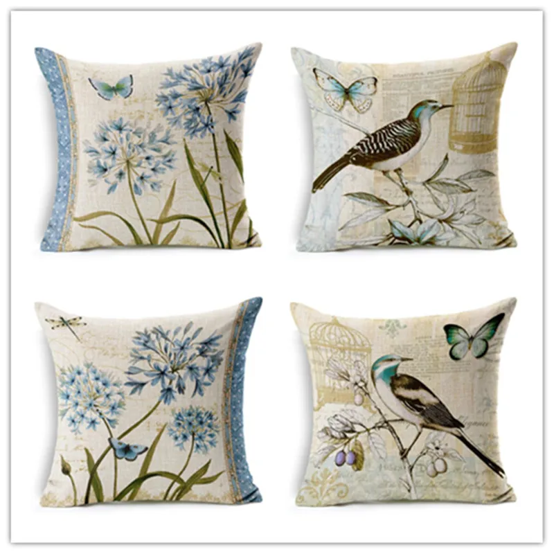 

High Qualtity Fashion Western Style Bird Print Cushion Decor Cojines Sofa Throw Pillow Printed Cotton Linen Square Fundas