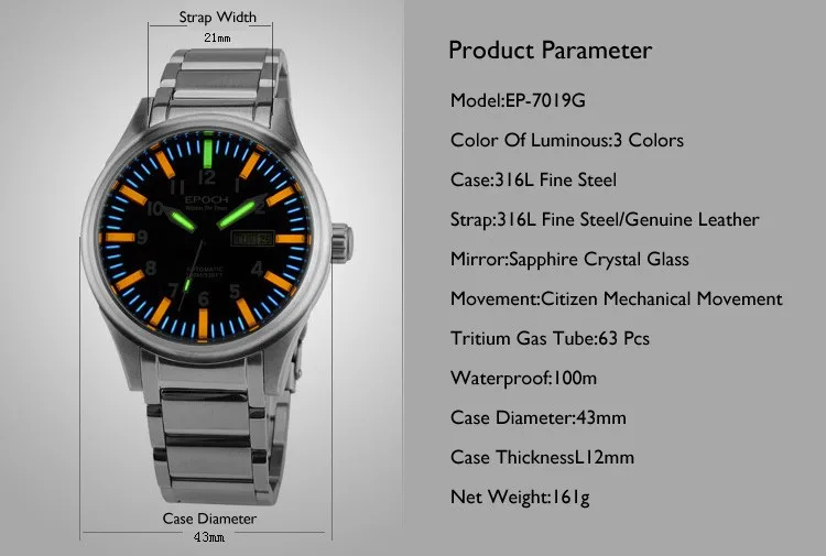 EPOCH 7019 г стальной ремешок водонепроницаемый 100 м 63 Тритий газовые трубки светящиеся мужские модные механические часы наручные часы