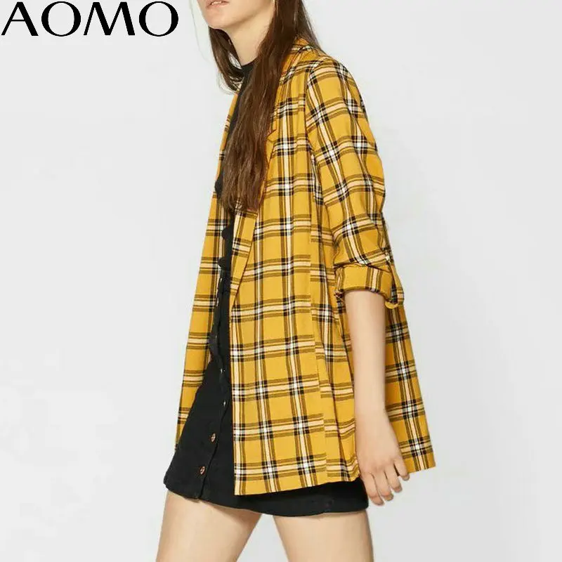 AOMO 2018 women plaid yellow suit jacket formal blazer pocket women