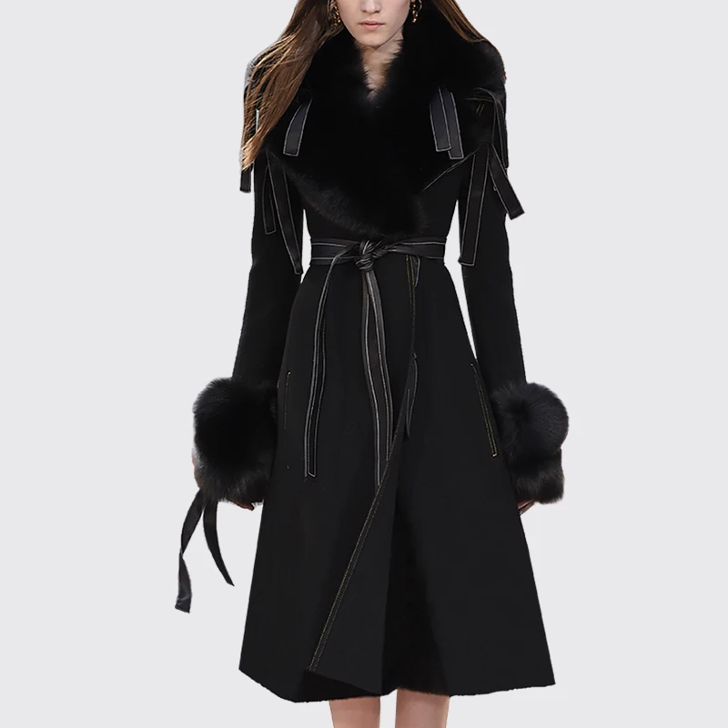 Замшевая куртка в Корейском стиле, элегантное осенне-зимнее пальто, женская одежда, воротник из лисьего меха, черное тонкое длинное пальто, Casaco Feminino ZT797